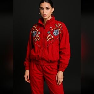 VINTAGE LAVON RED EMBELLISHED TRACK SUIT LARGE BEADED SOUTHWESTERN STYLE
